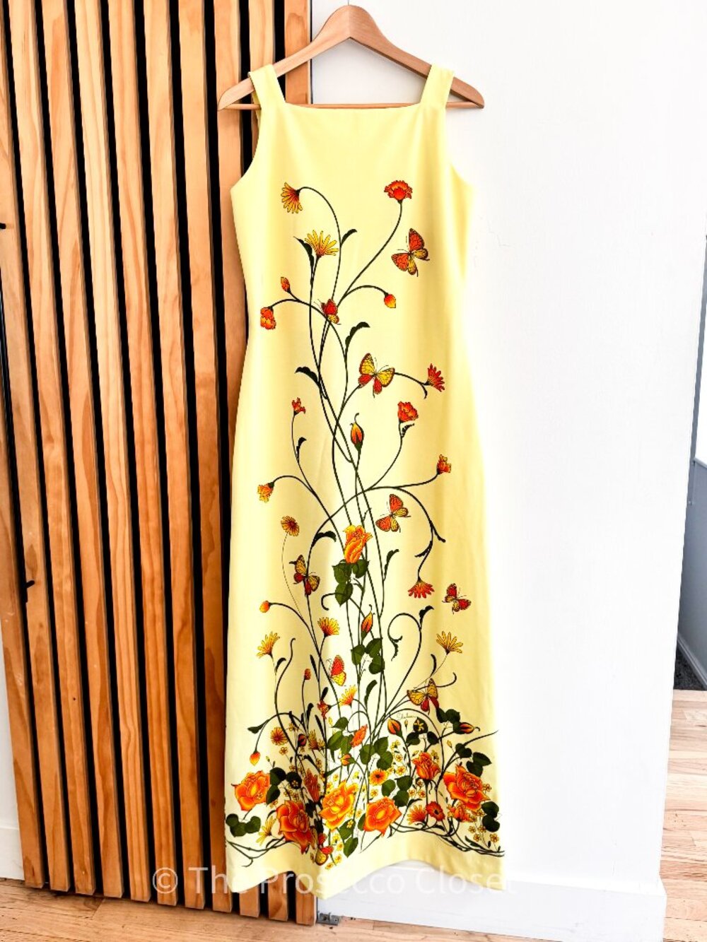 80s Vintage Alfred Shaheen Hawaii Yellow Floral Butterfly Maxi Dress (10)